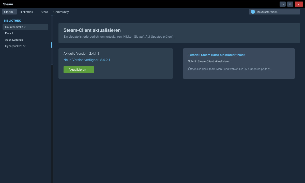 Steam-Client mit geöffnetem Menü „Auf Updates prüfen“