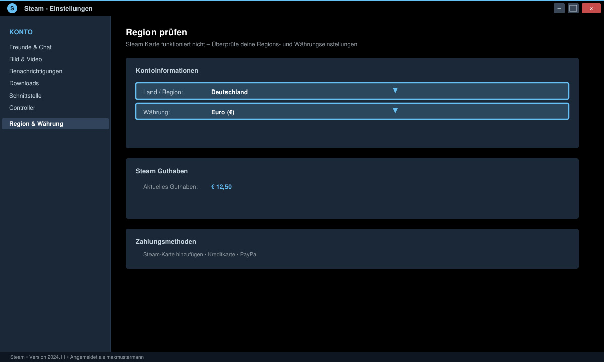 Steam-Einstellungsfenster mit hervorgehobener Länder- und Währungsanzeige