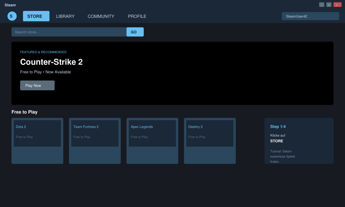 Steam Client mit geöffnetem Store-Tab und hervorgehobener Store-Schaltfläche