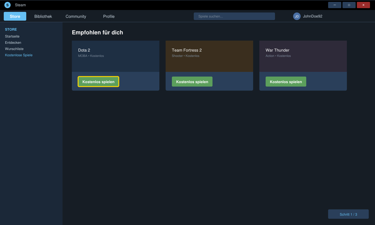 Steam-Client mit geöffnetem Store und markierter Schaltfläche „Kostenlos spielen“