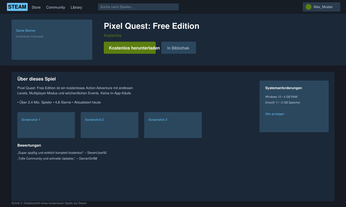 Detailseite eines kostenlosen Steam-Spiels mit Download-Button