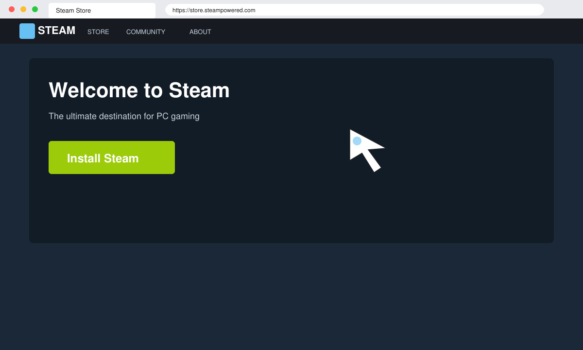 Close-up view of a user clicking the Install Steam button on the official website