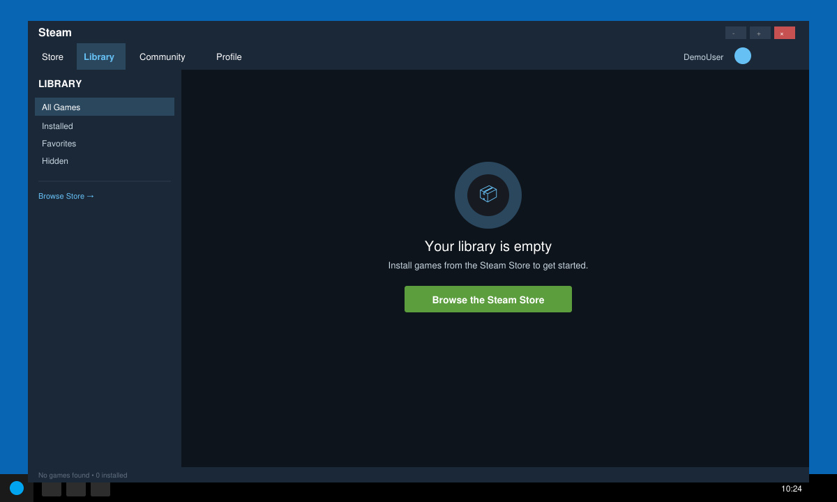Steam client running on a Windows desktop showing the game library view after first login