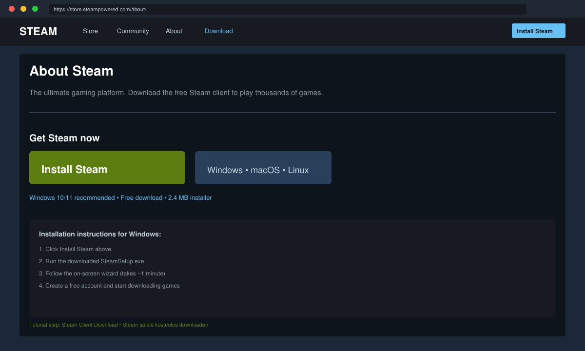 Steam Client Download Seite mit Installationsbutton
