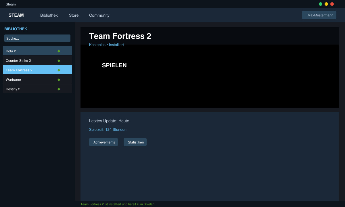 Steam Bibliothek mit installiertem kostenlosen Spiel