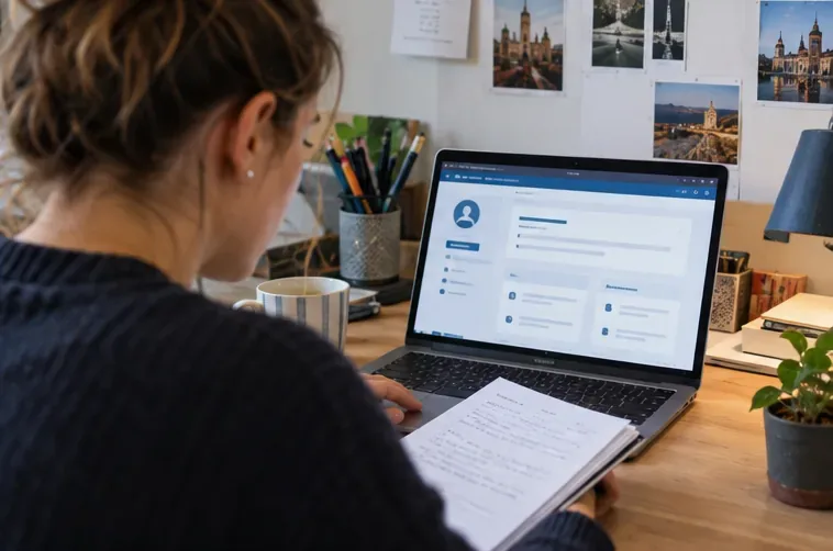 Student bekijkt op een laptop haar persoonlijke gegevens en financieringsinformatie terwijl zij notities maakt