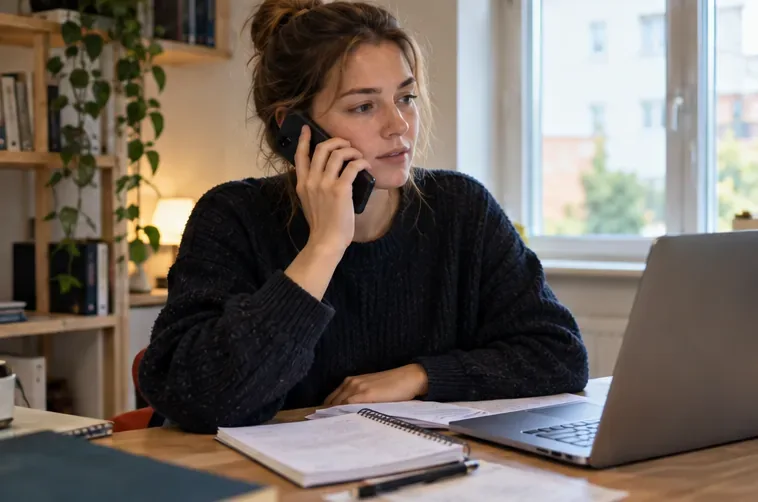 Student belt vanaf haar bureau terwijl haar laptop en papieren met financiële gegevens klaar liggen