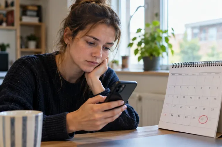 Student vergelijkt op haar telefoon de verwachte DUO-betaling met een kalender op haar bureau