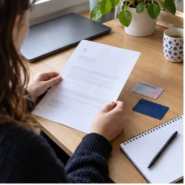 Student bekijkt een inschrijvingsdocument, bankpassen en een notitieboek aan een bureau