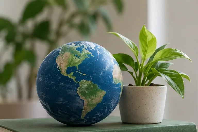 A globe and a green houseplant arranged on a desk beside investment materials.
