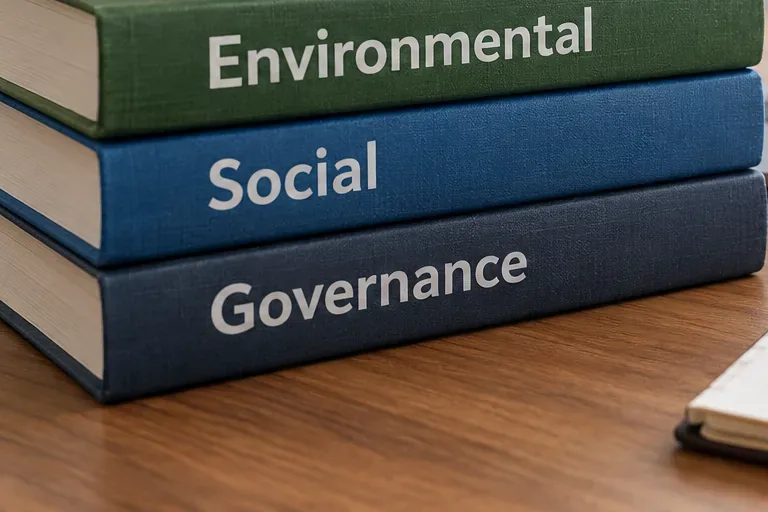 Three stacked books labeled Environmental, Social, and Governance on a wooden desk.