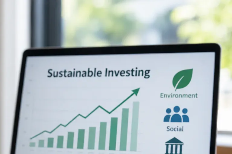 A laptop displaying a simple ESG-themed chart with environmental, social, and governance symbols.