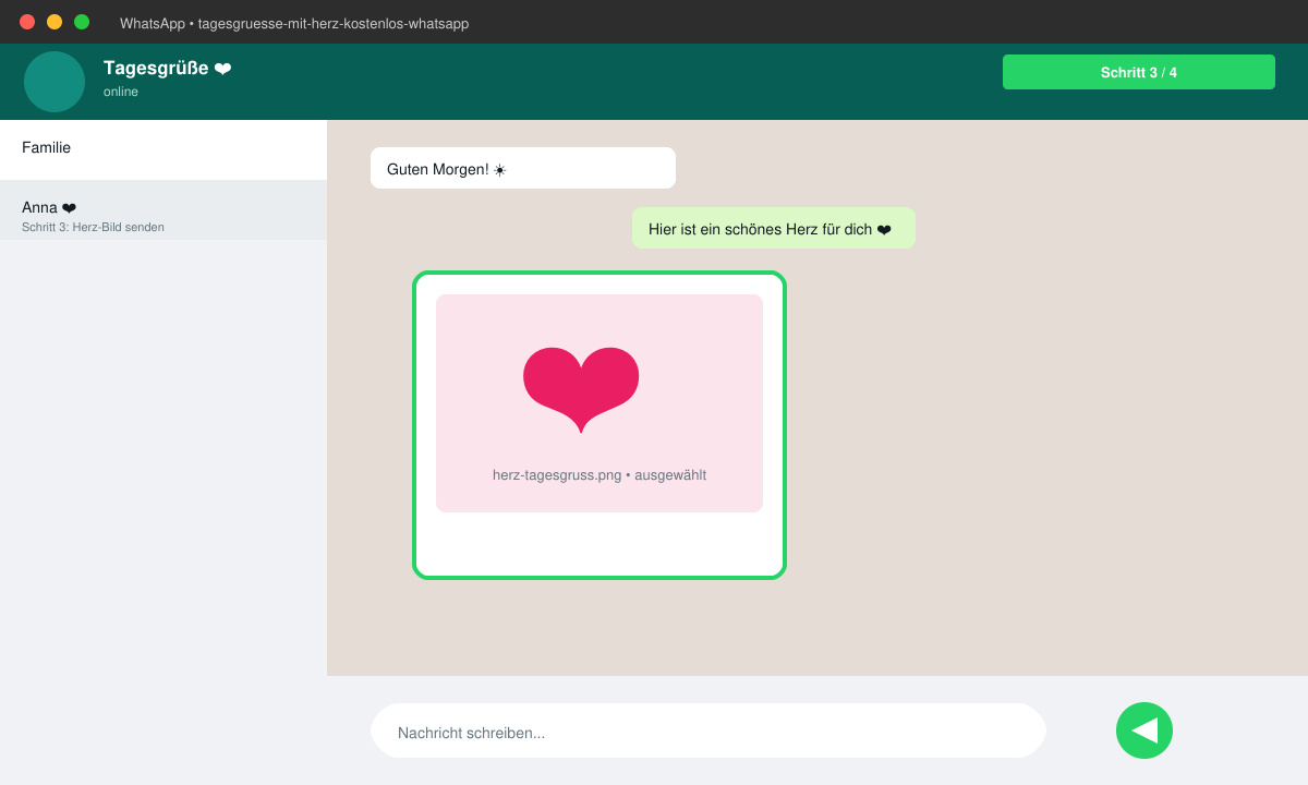 Versenden eines Herz-Tagesgrußes über WhatsApp an einen Kontakt