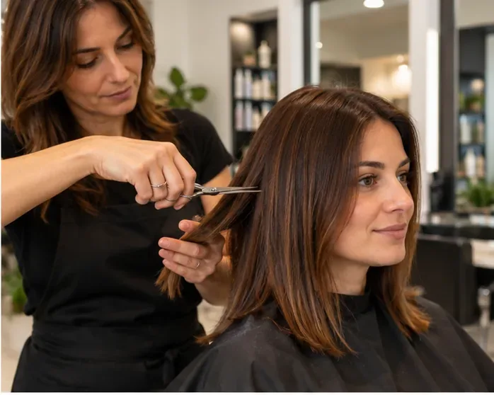 Parrucchiera che rifinisce le lunghezze di una cliente in salone con forbici professionali
