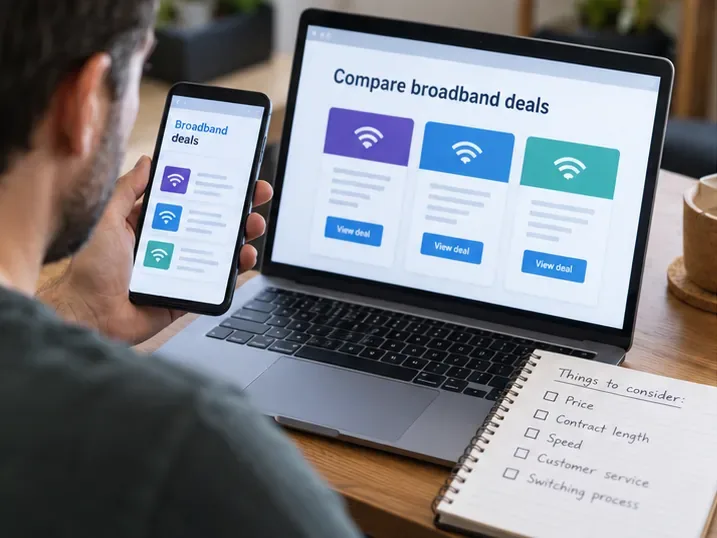 Customer comparing broadband offers on a laptop and phone with a checklist covering price, contract length, speed, service, and switching