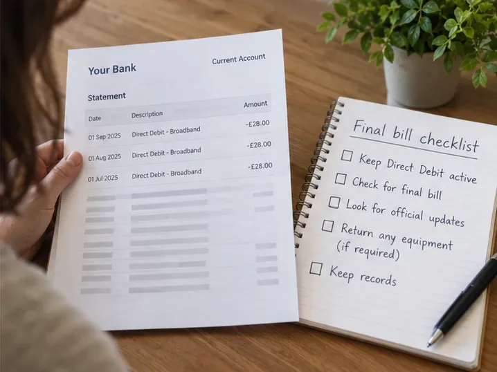 Customer reviewing broadband Direct Debit entries beside a notebook titled Final bill checklist