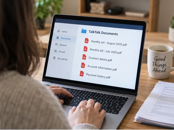 Customer organizing saved TalkTalk bills, contract details, account information, and payment records on a laptop