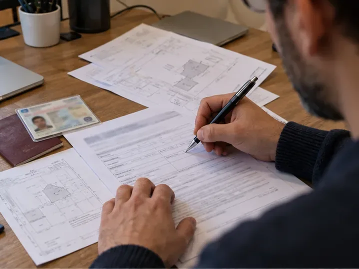 Una persona compila un modulo cartaceo con planimetria e documento d’identità sul tavolo.
