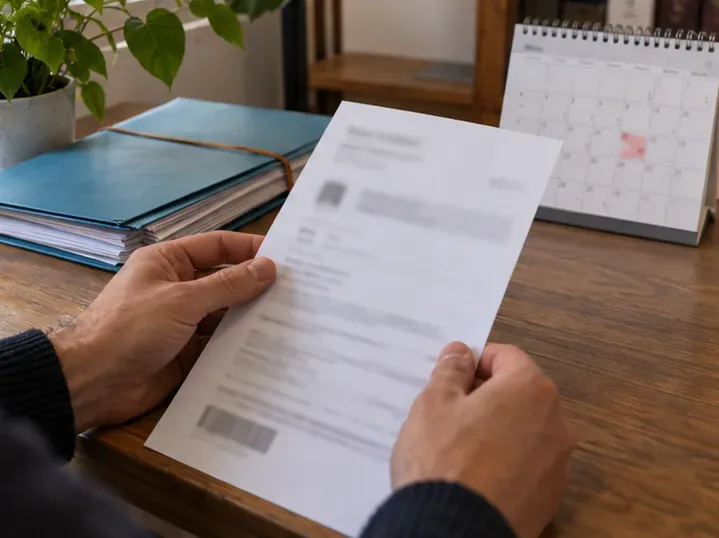 Una persona controlla un foglio di conferma accanto a una cartellina e a un calendario.