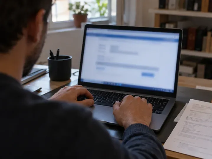 Una persona usa un computer portatile per predisporre una dichiarazione online, con documenti a portata di mano.