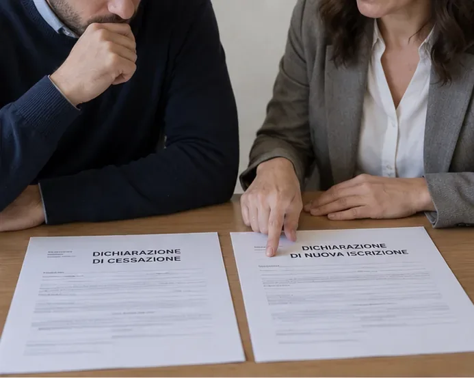 Due persone confrontano una dichiarazione di cessazione e una dichiarazione di nuova iscrizione TARI