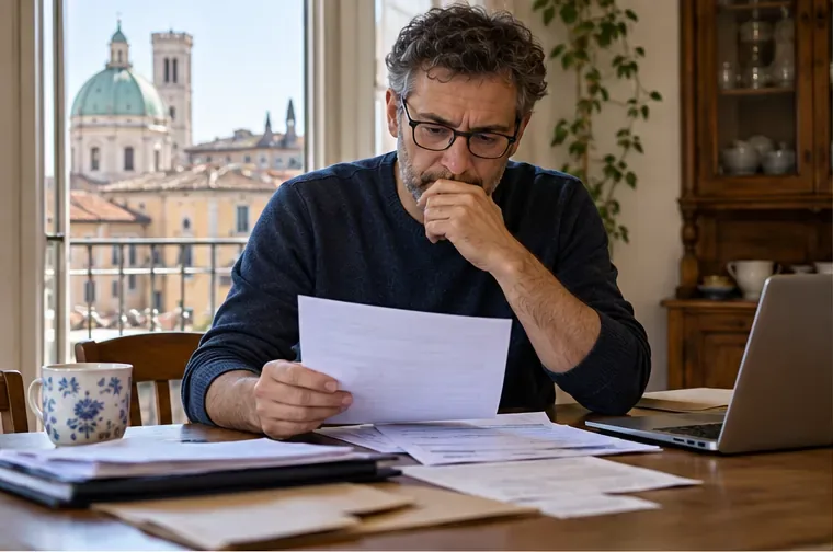 Un contribuente consulta documenti e avviso TARI al tavolo prima di scegliere la pratica da presentare