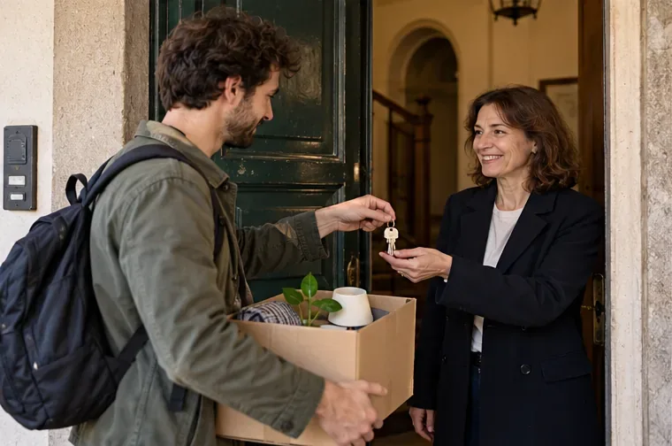 Un inquilino consegna le chiavi al proprietario sulla soglia dell’appartamento al termine della locazione