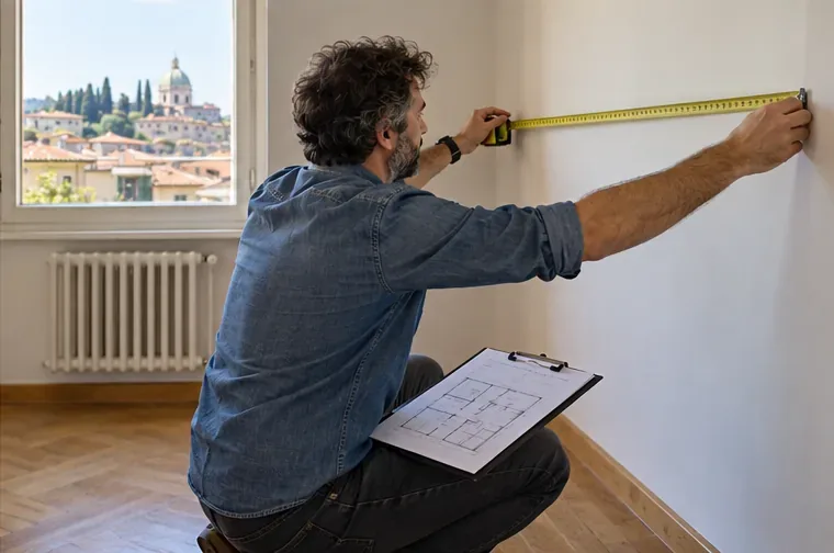 Un residente misura una parete mentre consulta la planimetria dei locali