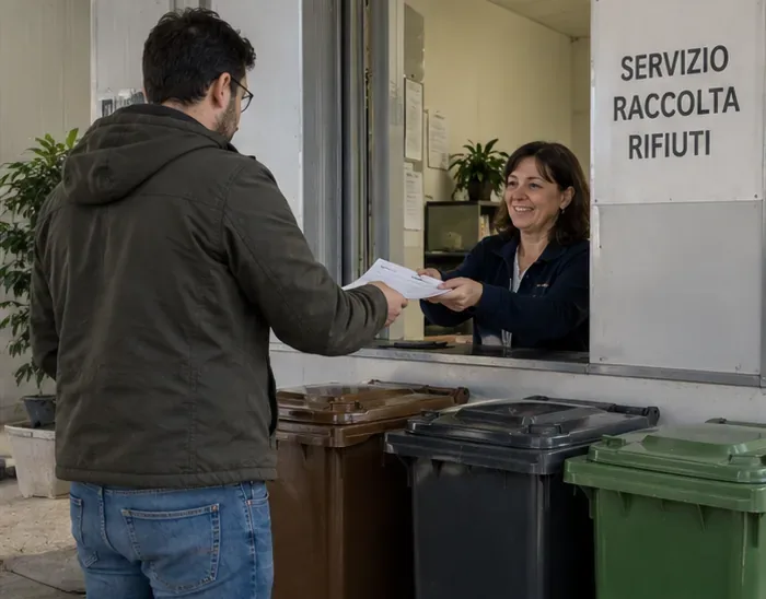 Un cittadino consegna documenti presso un punto del servizio raccolta rifiuti accanto ai contenitori della differenziata.
