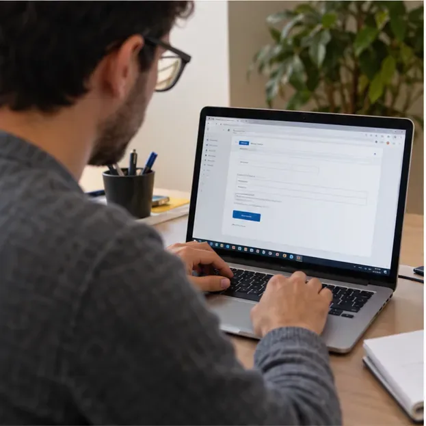 Una persona compila da computer un modulo online con campi anagrafici e dati dell'immobile per una pratica amministrativa