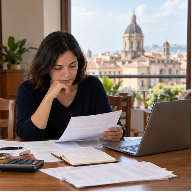 Una persona controlla documenti TARI e appunti accanto a un computer portatile prima di presentare una pratica a Catania