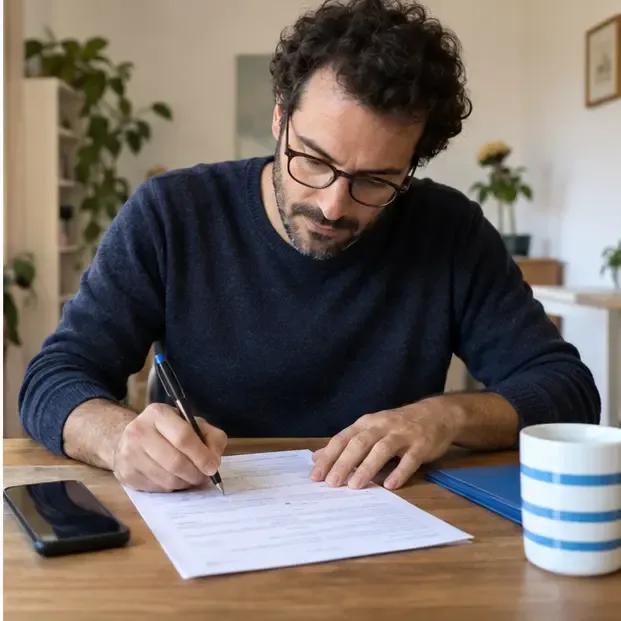 Un residente compila con attenzione un modulo per la tariffa rifiuti