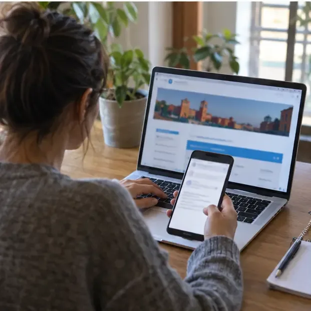Una residente controlla su laptop e smartphone un servizio online per la tariffa rifiuti