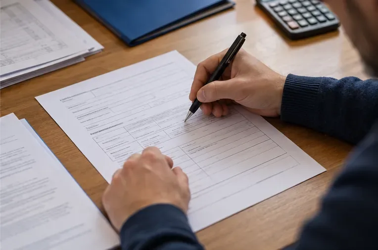 Compilazione di un modulo amministrativo con penna, documenti e calcolatrice per una pratica TARI
