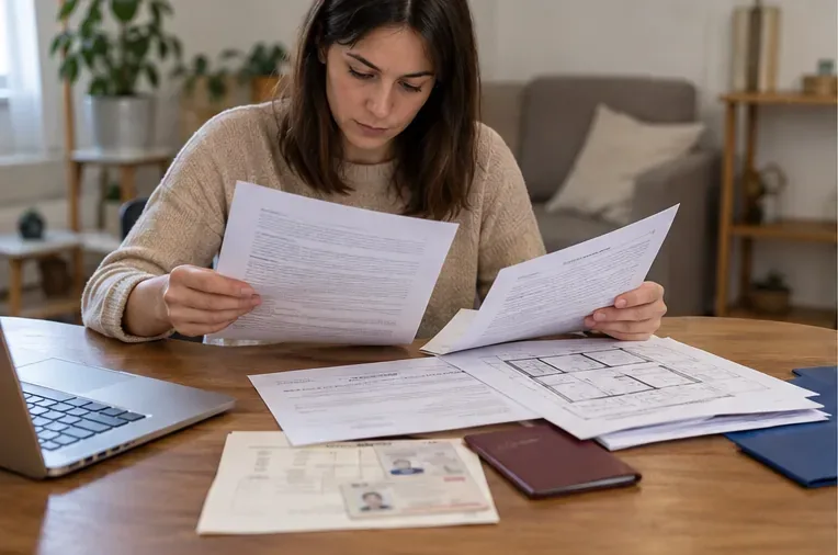 Una contribuente controlla documenti, planimetria e dati dell'immobile prima di scegliere la pratica TARI corretta a Foggia