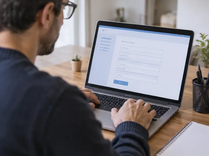 Un contribuente compila al computer un modulo online, scena collegata alla presentazione telematica della pratica TARI