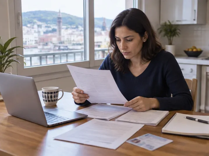 Una contribuente controlla documenti dell’immobile, carta d’identità e pratiche prima di presentare una dichiarazione TARI a Genova