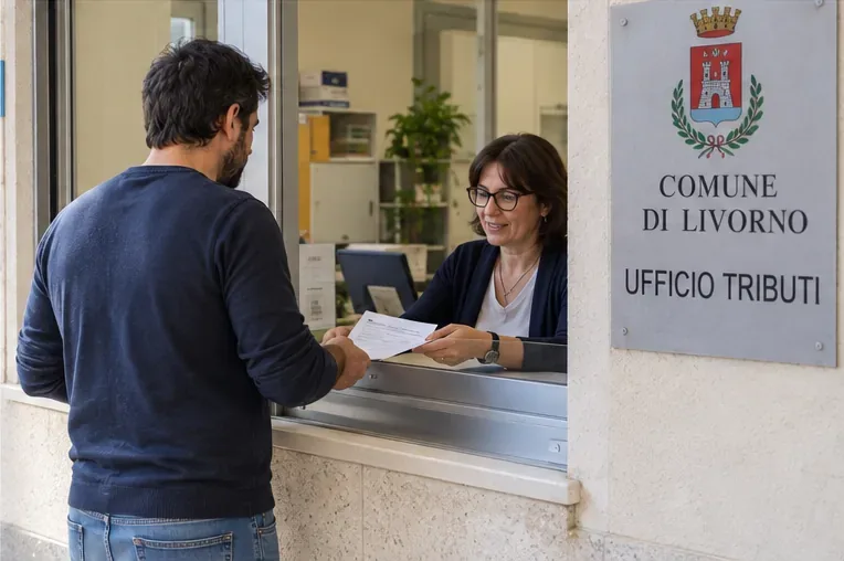 Contribuente che consegna documenti a uno sportello comunale dedicato ai tributi