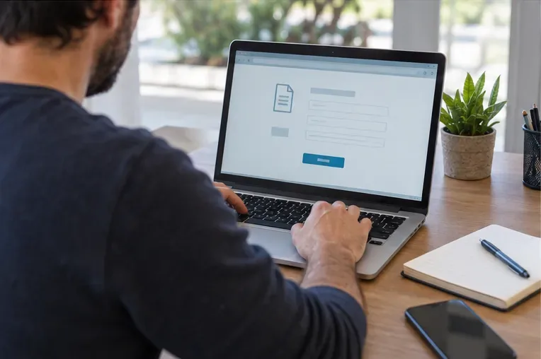 Contribuente davanti a un computer durante la compilazione di una pratica amministrativa online