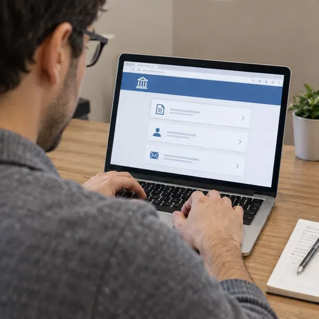 Un contribuente usa un computer portatile per accedere a un servizio civico online e preparare l’invio della pratica TARI