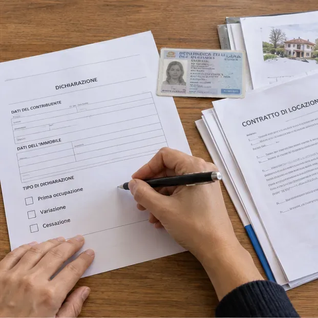 Compilazione di una dichiarazione TARI con le opzioni prima occupazione, variazione e cessazione accanto a documento d’identità e contratto