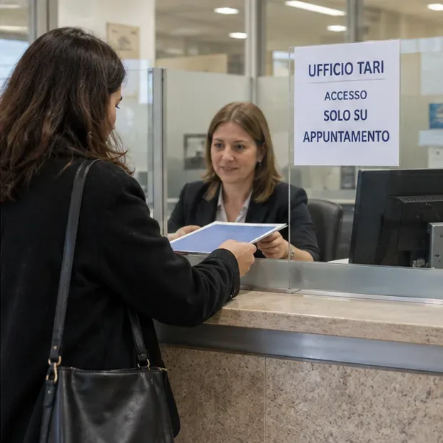 Una contribuente consegna documenti a uno sportello TARI con cartello che indica accesso solo su appuntamento