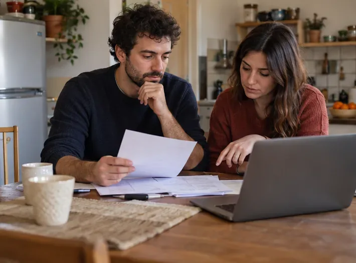 Due coinquilini esaminano insieme alcuni fogli accanto a un computer portatile su un tavolo di cucina.