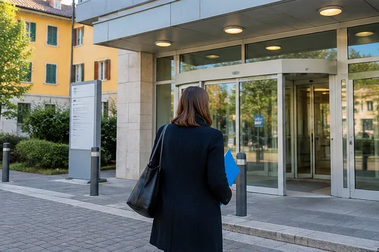 Persona con cartella di documenti davanti all’ingresso di uno sportello servizi, pronta a presentare una pratica relativa alla TCP.