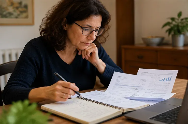 Donna verifica una fattura e annota i dati da correggere o aggiornare per una variazione della Tariffa Corrispettiva Puntuale.