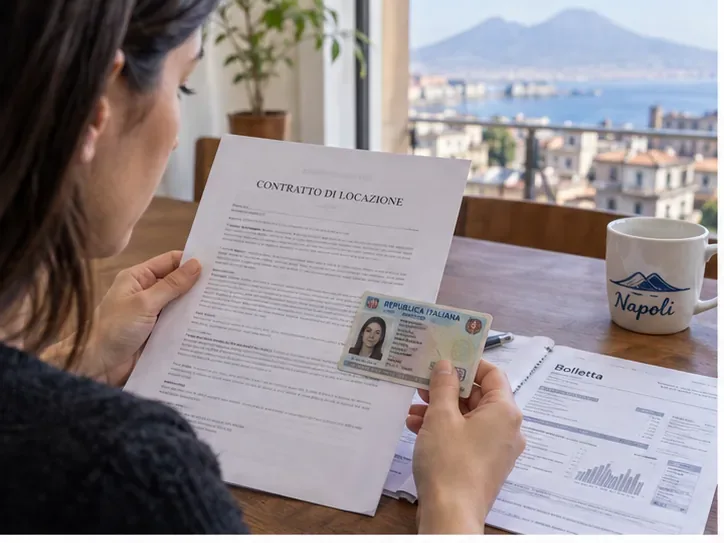 Una contribuente controlla contratto di locazione, documento di identità e bolletta prima di aggiornare la TARI a Napoli