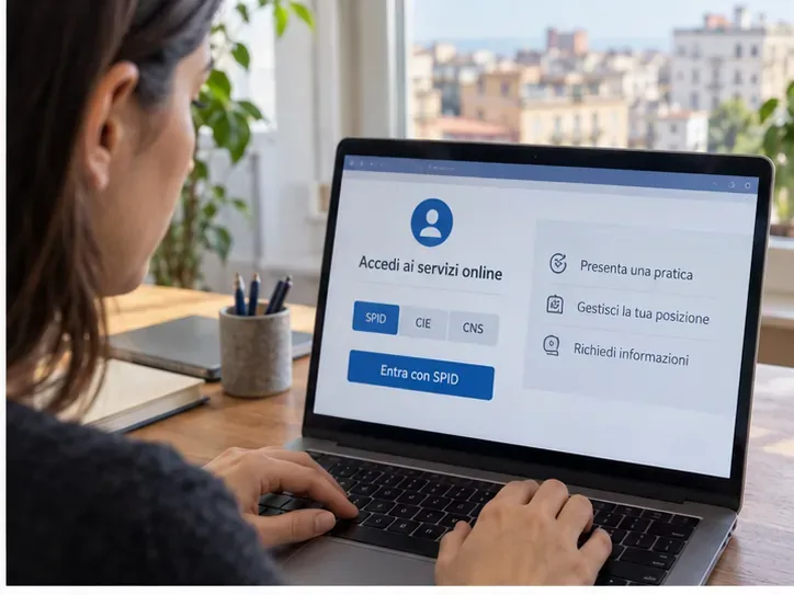 Una contribuente accede da computer a un servizio online con opzioni SPID, CIE e CNS