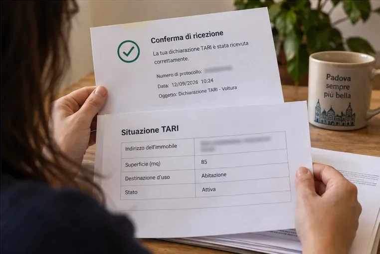 Persona che controlla una conferma di ricezione e un riepilogo della posizione TARI dopo l’invio della dichiarazione