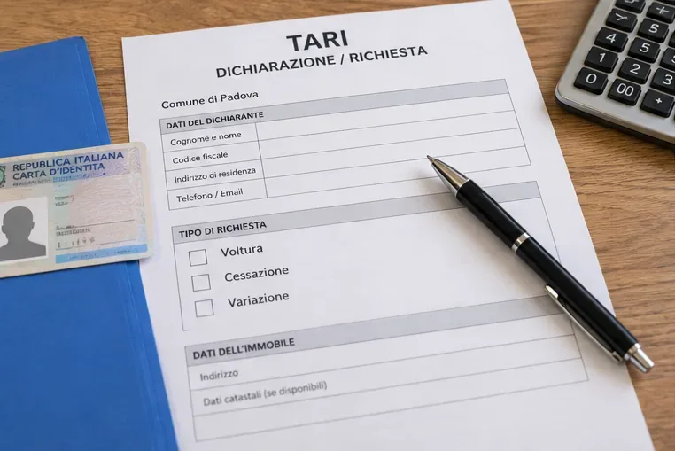 Modulo TARI su una scrivania con sezioni per dati del dichiarante, tipo di richiesta e dati dell’immobile