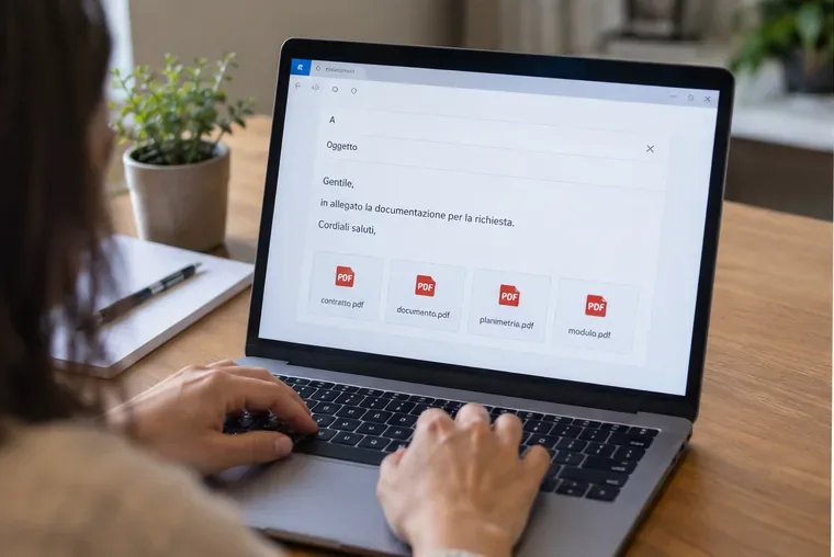 Una persona invia da un computer una email con più documenti PDF allegati per una pratica amministrativa sull’utenza rifiuti